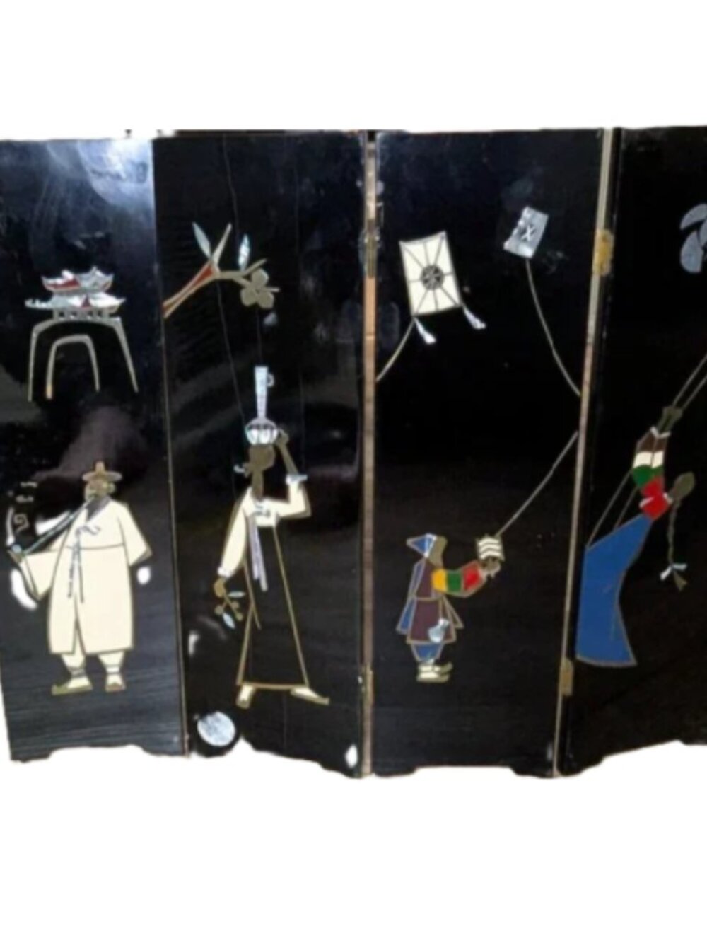 Vintage Korean Lacquer Mini Folding Screen – Mother of Pearl Inlay NEED REPAIR